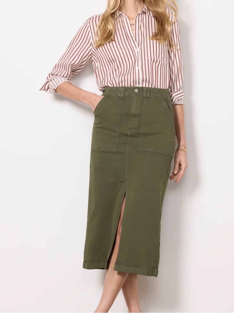Pistola Olive Green Laurelle Cotton Utility Midi Skirt Size 27